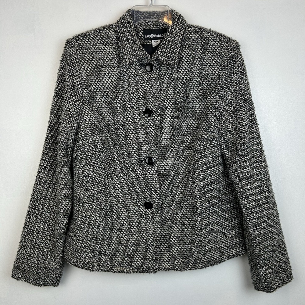 Vintage Blazer Womens 10 Lady Jacket Tweed Textured Black 90s Button Career